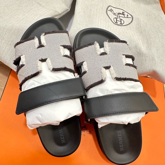 Hermes Chypre fringed H canvas and calfskin Women’s Sandals 37.5 Prunoir Black - Picture 2 of 10